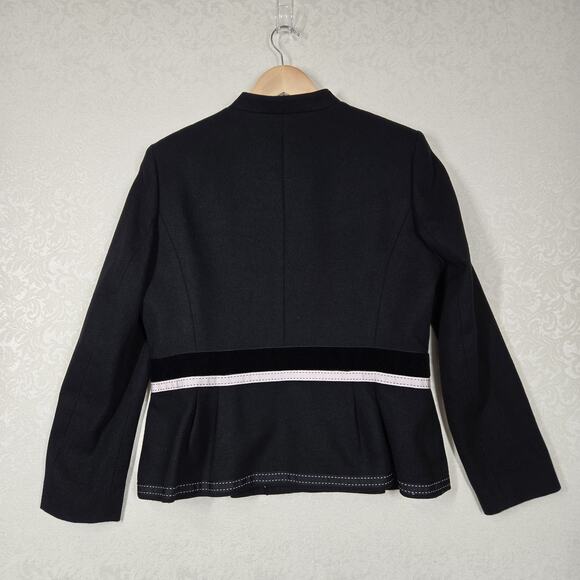 VTG Albert Nipon Suit Jacket 12 Black Cotton Snap Front Peplum Hem Velvet Ribbon - Picture 8 of 14